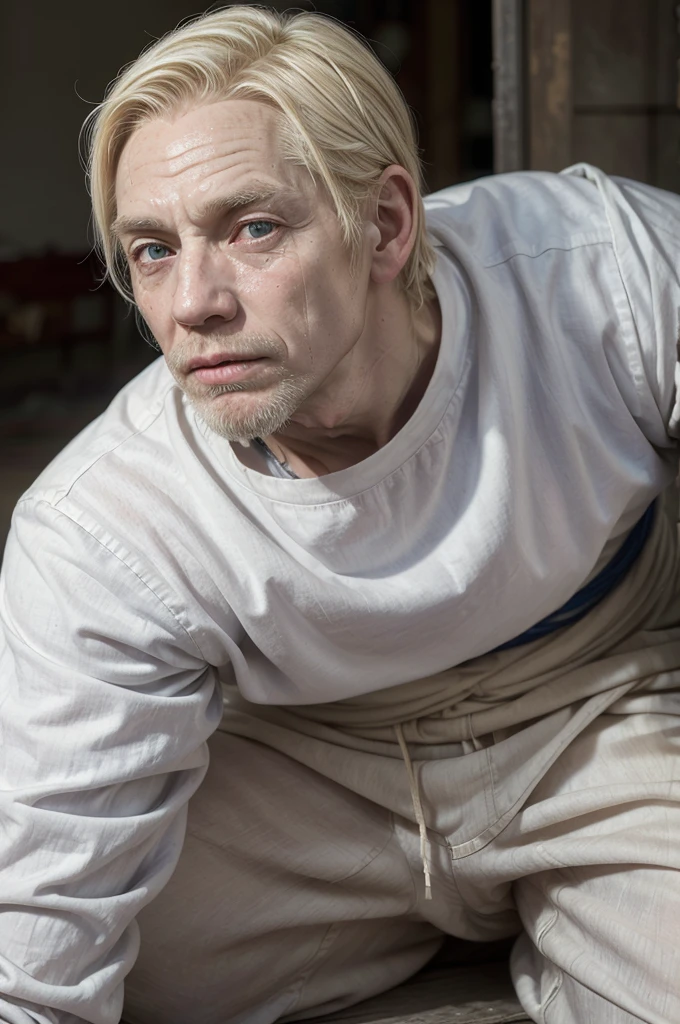 portrait of a beggar man (((white with blonde hair))), (((wrinkled face))), seeming to have (((56 years old)))(((blusa azul)))(((Gray pants)))