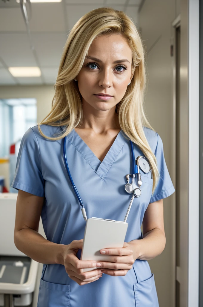 /In a hospital, with a clipboard in her hands, a nurse, a woman, blonde hair, medium hair, brown eyes, 40 years old, serious expression, she is wearing a nurse's uniform, her environment is the hospital.Real image, High definition image , HD image, image quality.