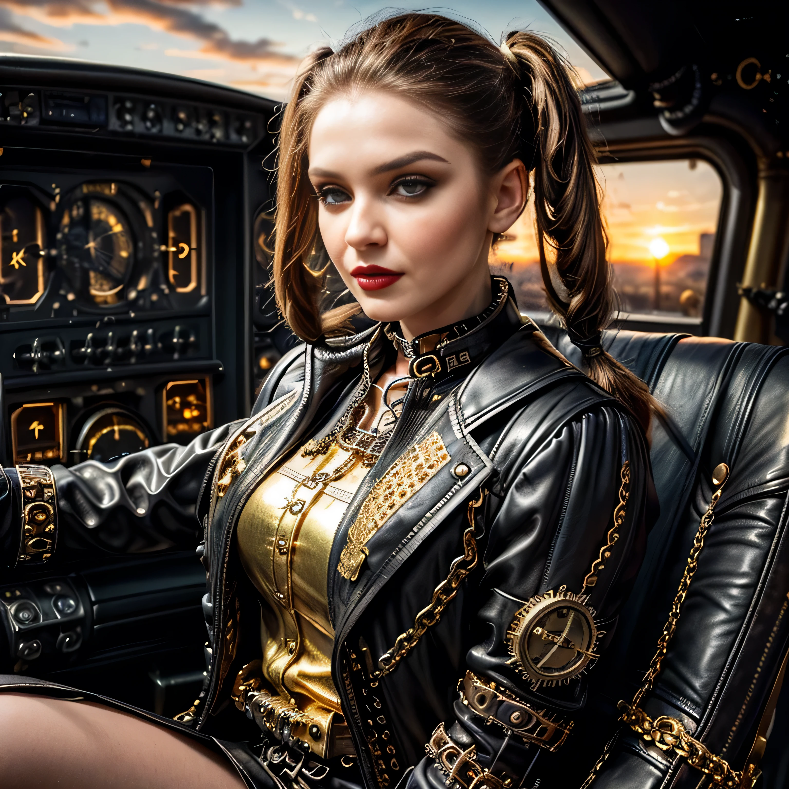 ((masterpiece, photorealistic:1.4, extremely intricate:1.3, photon mapping, radiosity, physically based rendering, ultra resolution, hyper-realistic, photorealistic:1.4, hyper-realistic, 8K)), ((((athletic female midbody, long pigtails windy [blonde hair:bright ginger hair:0.4], (([flat chest:medium breasts:0.8], upper body)), ((makeup:1.6, perfectchainmail, gold black jacket), red lips, bright sunlight, sunset, silk shirt))))), outdoors, metal reflections, (futuristic apocalyptic city destroyed), professional photograph, soft focus, dramatic, award winning, cinematic lighting, volumetrics dtx, (film grain, blurry background, blurry foreground, bokeh, depth of field), BREAK; BREAK, (((((background steampunk machine cockpit, sitting in a black leather chair, dials, switches)))))