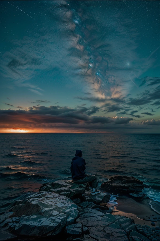 there is a men wearing hoodie and sitting on a rock looking out at the ocean, looking out over the sea, pensive , fading off to the horizon, looking out at the ocean, looking into the horizon, gazing off into the horizon, gazing at the water, looking into the distance, somber mood, looking off into the distance, standing beside the ocean, dark sky:1.5, 8K, perfect photo,  realistic photo:1.56,  fade foge, film, cinematic color
