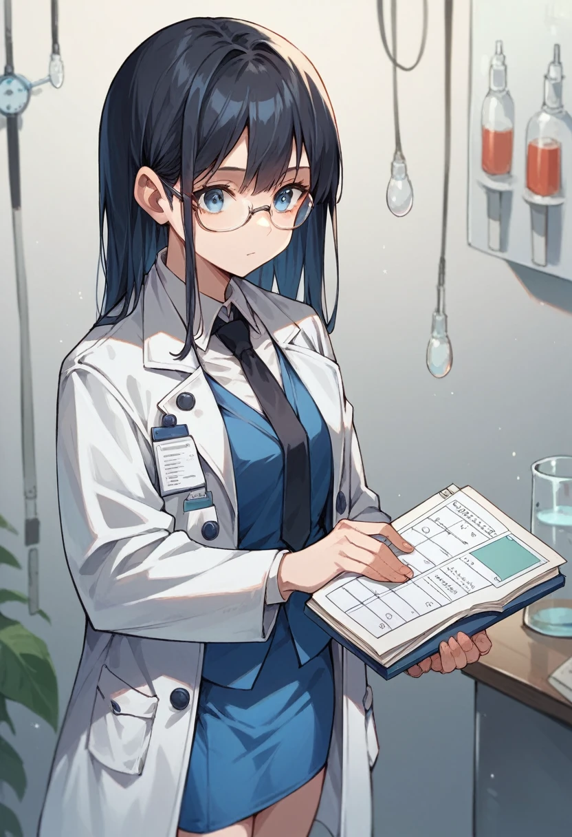 A scientist anime girl with medium length black hair, blue eyes, 20 years old, tall, wearing blue clothes, white scientist jacket, blue short skirt, black tie, glasses, holding a list, alone and in the science room