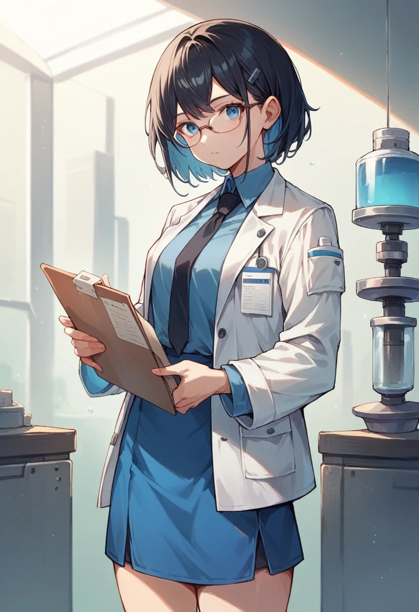 A scientist anime girl with medium length black hair, blue eyes, 20 years old, tall, wearing blue clothes, white scientist jacket, blue short skirt, black tie, glasses, holding a list, alone and in the science room