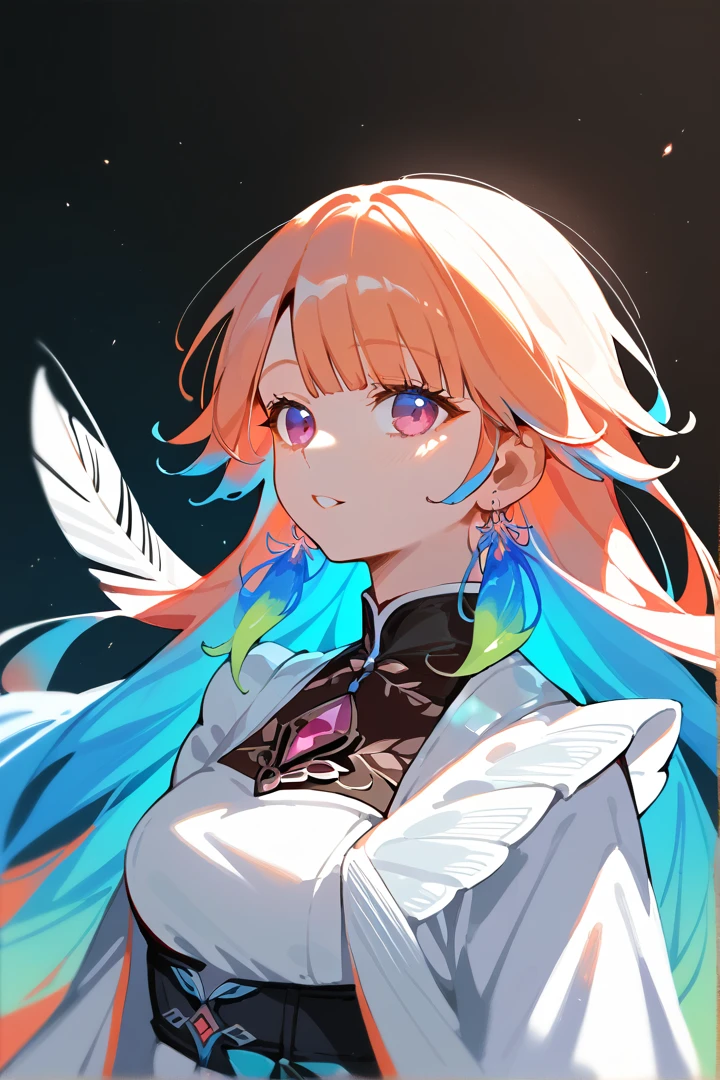 (masterpiece), (best quality), (ultra-detailed), (beautiful), (nai3), 1girl,TakanashiKiara, colored inner hair, gradient hair, long hair, feather earrings 