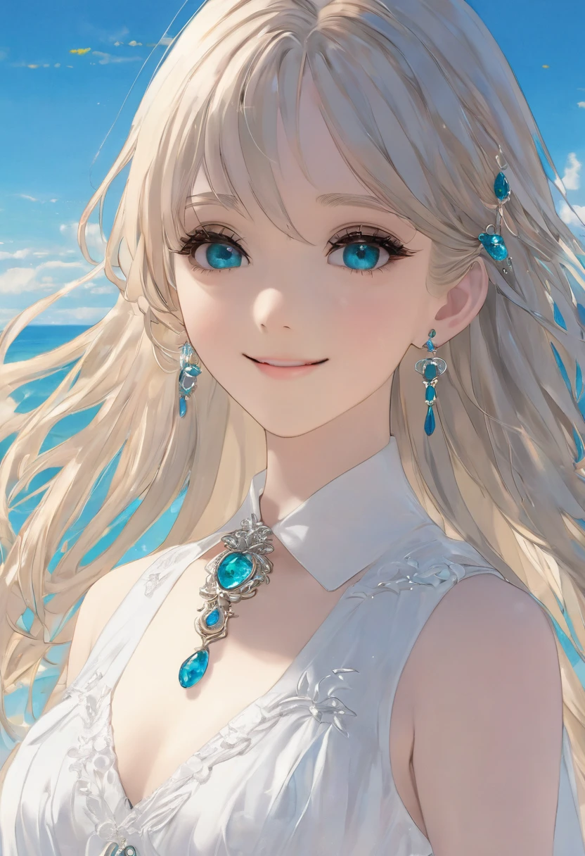 ((最high quality)), ((masterpiece)), (Detailed face and eyes:1.2), Perfect Face,anime character、masterpiece, Great painting, figure,8K, Super detailed, high quality, A woman with a goddess-like smile,euphilia, One Girl,長いブロンドの髪とDarkturquoise eyesをしたWhite Dressを着たアニメの女の子 ブルゴーニュ, Platinum Earrings, Platinum Necklace, White Dress, One girl, cute, (Dynamic Light: 1.2), Cinematic Light, Delicate facial features, Fine grain, Sharp pupils、Sandy Beach、White beach、Swimwear、