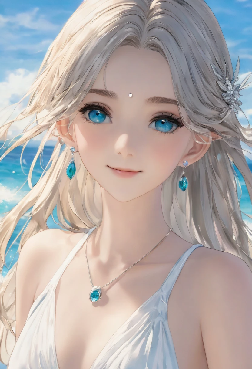 ((最high quality)), ((masterpiece)), (Detailed face and eyes:1.2), Perfect Face,anime character、masterpiece, Great painting, figure,8K, Super detailed, high quality, A woman with a goddess-like smile,euphilia, One Girl,長いブロンドの髪とDarkturquoise eyesをしたWhite Dressを着たアニメの女の子 ブルゴーニュ, Platinum Earrings, Platinum Necklace, White Dress, One girl, cute, (Dynamic Light: 1.2), Cinematic Light, Delicate facial features, Fine grain, Sharp pupils、Sandy Beach、White beach、Swimwear、