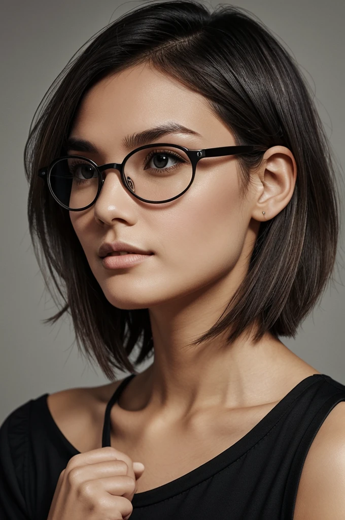 Short woman with shoulder-length hair , gray mix, round but thin face, black round glasses for medium face, chin out a little