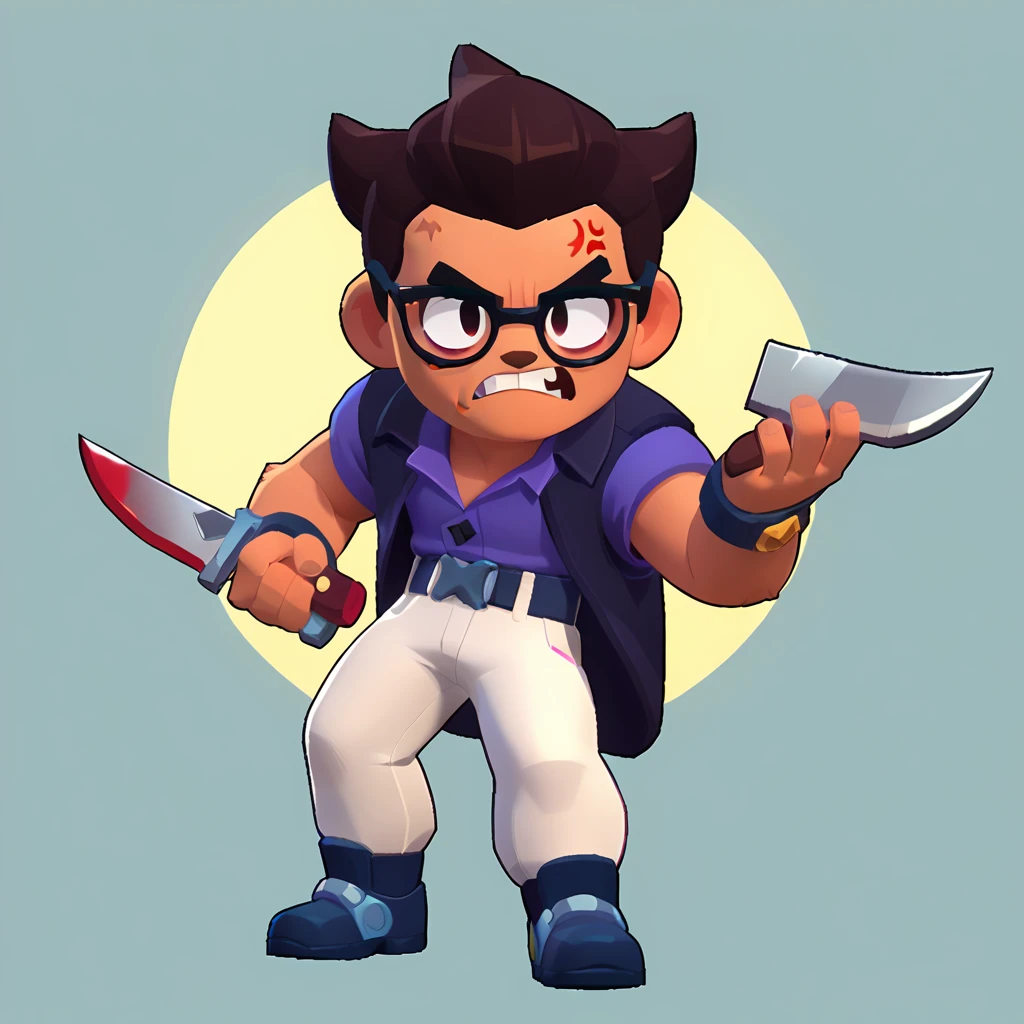 full body view of an angry dog, black suede, white pants, glasses, knife in the paw, brawl, brawl stars