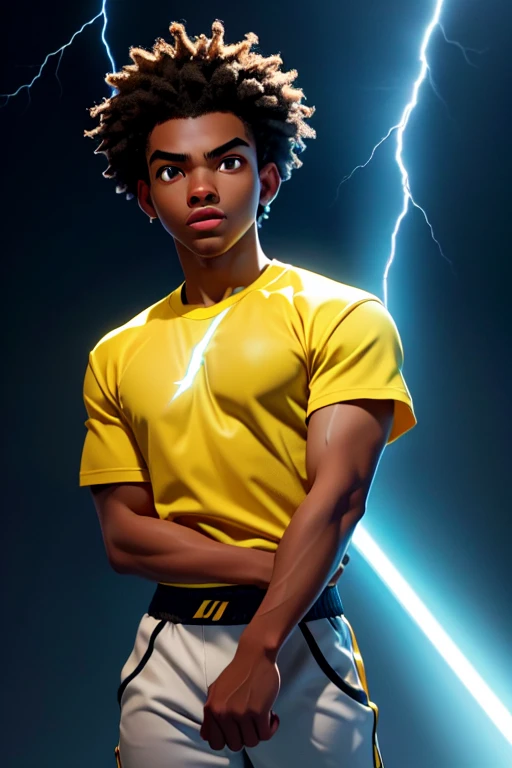 [work of art], [ultra detaild], [best qualityer], young man with dark skin strikes an imposing pose with powers of lightning and thunder that surround his body, short afro hair, serene gaze, 2000s modern casual clothing, (bright look), (rays volumetric yellow light), conjures lightning and thunder with volumetric light, conjures thunder in hands, conjures thunder on your fingers, rays expel into the body, rays in the eyes, lightning and thunder in the hair, black and yellow clothes, [spokes in front], bright illuminated look, fun and calm personality.
