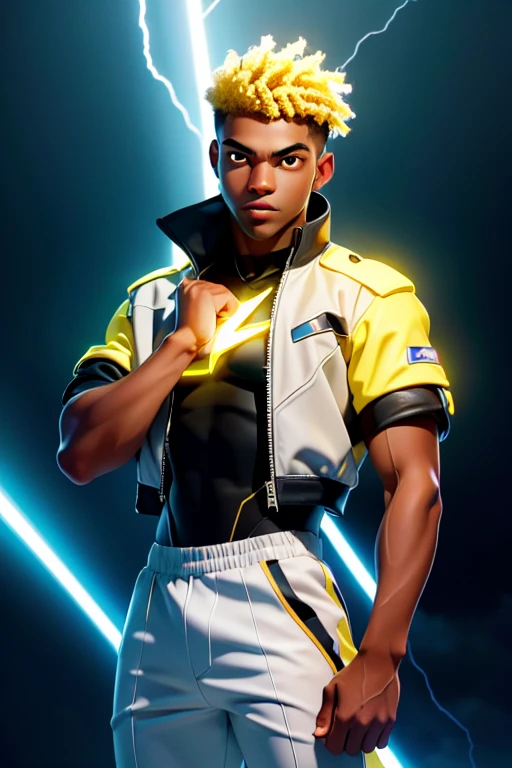 [work of art], [ultra detaild], [best qualityer], young man with dark skin strikes an imposing pose with powers of lightning and thunder that surround his body, short afro hair, serene gaze, 2000s modern casual clothing, (bright look), (rays volumetric yellow light), conjures lightning and thunder with volumetric light, conjures thunder in hands, conjures thunder on your fingers, rays expel into the body, rays in the eyes, lightning and thunder in the hair, black and yellow clothes, [spokes in front], bright illuminated look, fun and calm personality.
