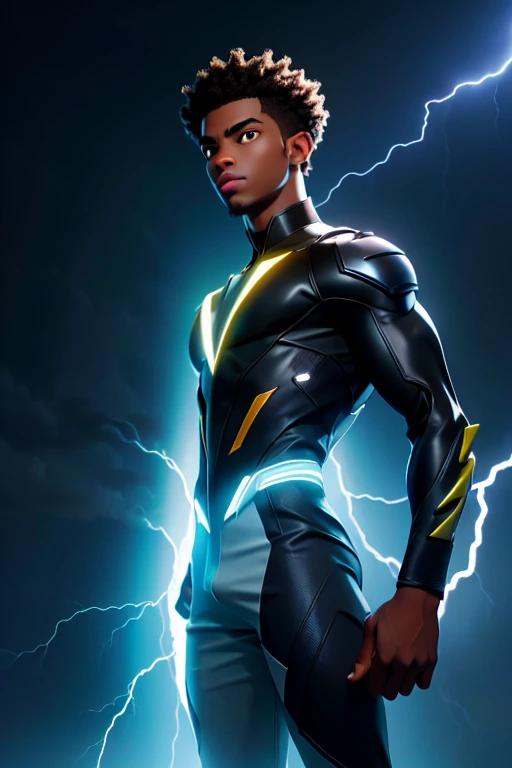 [work of art], [ultra detaild], [best qualityer], young man with dark skin strikes an imposing pose with powers of lightning and thunder that surround his body, short afro hair, serene gaze, 2000s modern casual clothing, (bright look), (rays volumetric yellow light), conjures lightning and thunder with volumetric light, conjures thunder in hands, conjures thunder on your fingers, rays expel into the body, rays in the eyes, lightning and thunder in the hair, black and yellow clothes, [spokes in front], bright illuminated look, fun and calm personality.
