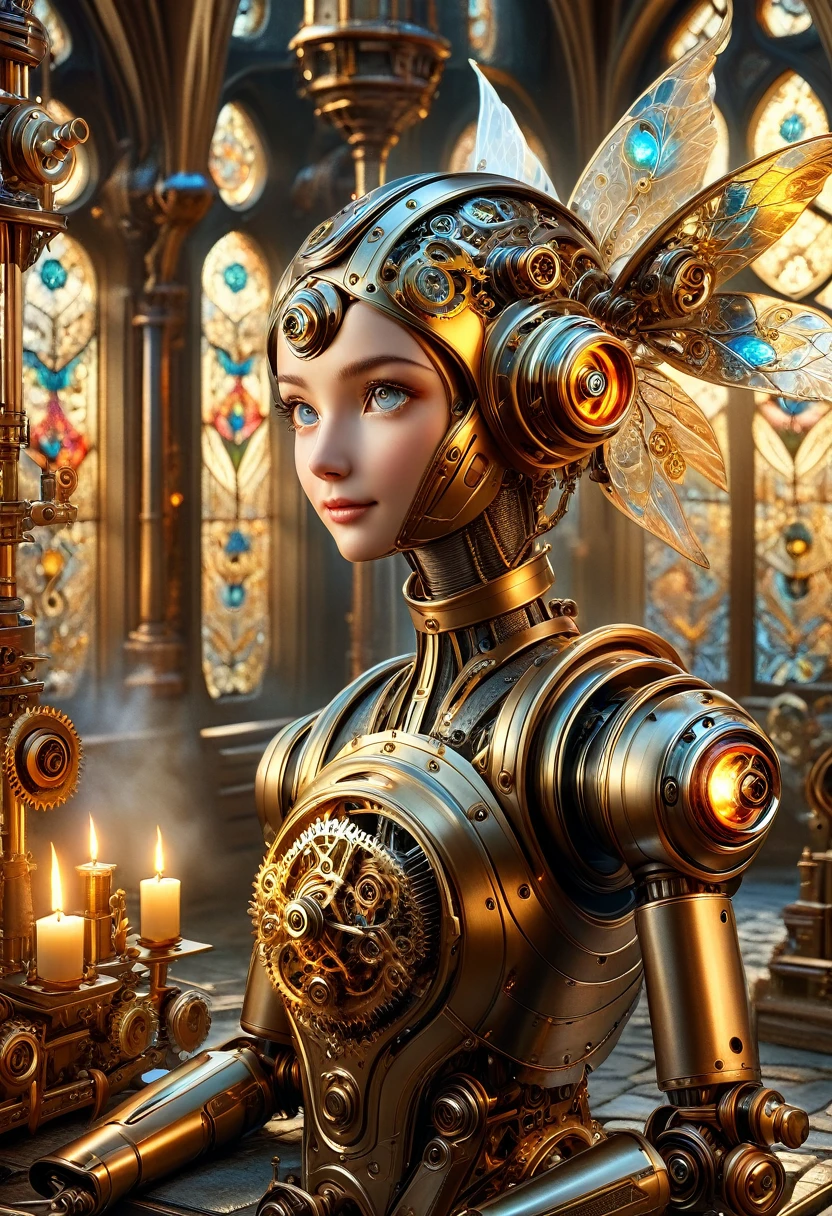 masterpiece, best quality, highly detailed, solo, looking at viewer, smile, mechaical face. Wide Smile, Eyes Detailed & Wide, sexy Pose. Ultra HD, Rococo-Inspired Fantasy Art With Intricate Details. Cute, Charming Expression, Alluring-Gaze, looking at viewer Beautiful Eyes, An-Ideal-Figure. . slim waist, fit body, Warm lights , t, with fluffy hair, delicate face, realistic, real, slim, large aperture, sexy shots, attractive poses, symmetrical face, photorealistic, photography, path tracing, specular lighting, volumetric face light, path traced hairmaximum quality{(masutepiece) (8K High Resolution) (top-quality) In the style of breath of the wild.medieval monastery garden,steampunk craftsman robot monk,beautiful ornate architecture,steampunk machinery and gears,exquisite stained glass windows,enchanted flower garden,ancient stone walkway with intricate carvings,glowing candles and dimly lit atmosphere,steam and smoke billowing from the machinery,mystical atmosphere,peaceful and serene setting,mechanical wings attached to the robot monk's back,robot monk with intricate clockwork mechanisms,electromechanical eyes glowing with energy,warm golden color palette,gentle sunlight streaming through the stained glass windows,whispering sound of wind and rustling leaves,the scent of aged books and incense,notes of ancient Gregorian chants echoing in the air,sense of awe and tranquility,combination of futuristic and medieval elements,harmony of technology and spirituality.