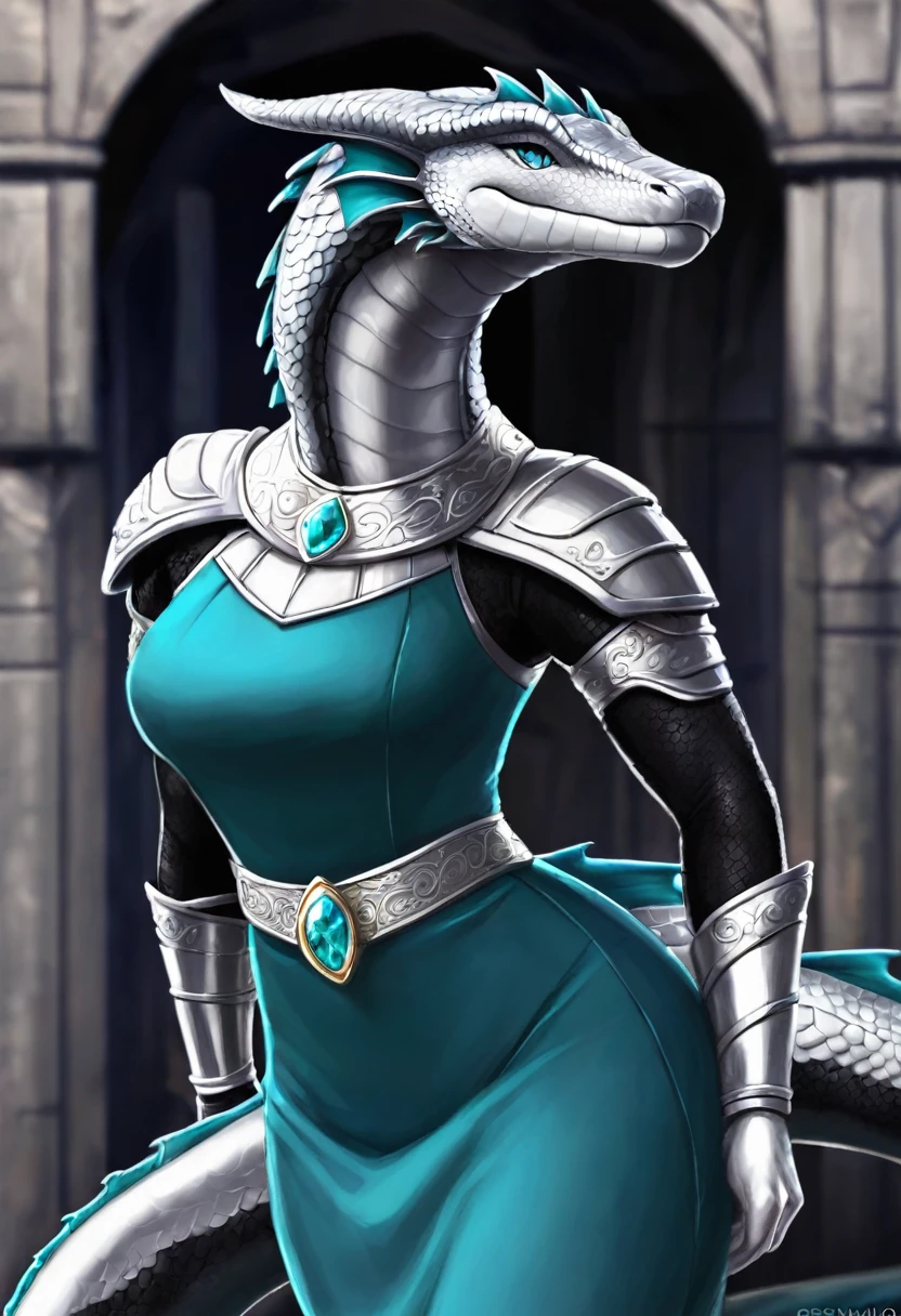 Lanky_muscular_sea_serpent female gray_scaled_body teal_eyes fins beak solo Masterpiece best_quality absurdres highly_detailed skintight_gown silver_circlet silver_gorget silver_bracers cleanly_drawn_eyes anthro_only by_claweddrip, by_greasymojo, by_underscore-b, by_runawaystride