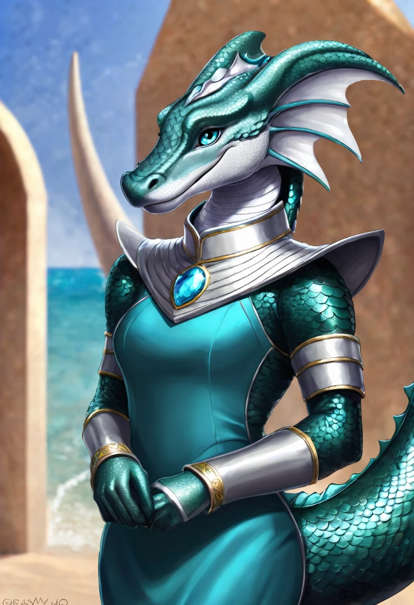 Lanky_muscular_sea_serpent female gray_scaled_body teal_eyes fins beak solo Masterpiece best_quality absurdres highly_detailed skintight_gown silver_circlet silver_gorget silver_bracers cleanly_drawn_eyes anthro_only by_claweddrip, by_greasymojo, by_underscore-b, by_runawaystride