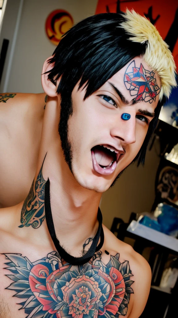anime guy with tattoo sticks out his tongue