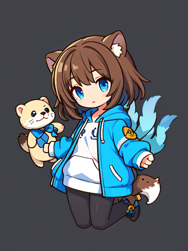 a sea otter with otter ears // with light blue eyes // a dark blue hoodie // brown hair with gray and white highlights ((half of the body)) (A person) ((White background)) (only 1 girl)