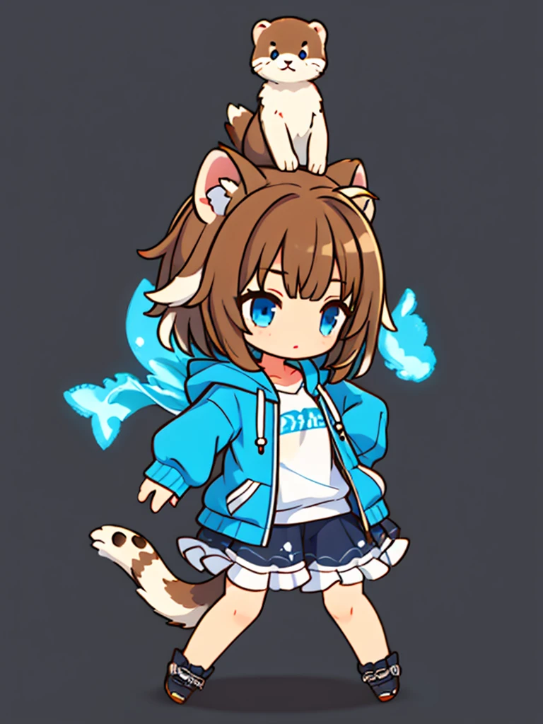 a sea otter with otter ears // with light blue eyes // a dark blue hoodie // brown hair with gray and white highlights ((half of the body)) (A person) ((White background)) (only 1 girl)