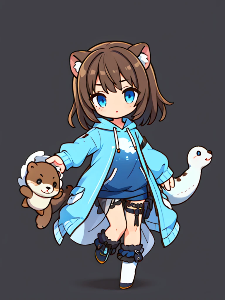 a sea otter with otter ears // with light blue eyes // a dark blue hoodie // brown hair with gray and white highlights ((half of the body)) (A person) ((White background)) (only 1 girl)