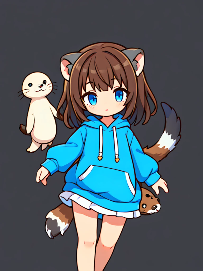 a sea otter with otter ears // with light blue eyes // a dark blue hoodie // brown hair with gray and white highlights ((half of the body)) (A person) ((White background)) (only 1 girl)