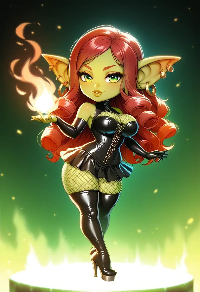 Girl, goblin girl, goblin, green skin, short, short stature,long hair, red hair, curly hair, large breasts, miniskirt, latex, long gloves, thigh boots, pouty lips, masterpiece, best quality, sexy, dynamic pose, 8k, shortstack, sfw, shiny, fantasy, dungeons and dragons, high heels,  fishnets, holding, dark green skin, adventurer, latex miniskirt, sexy pose, skirt, sorcerer, sorceress, pyromancer, fire, magic