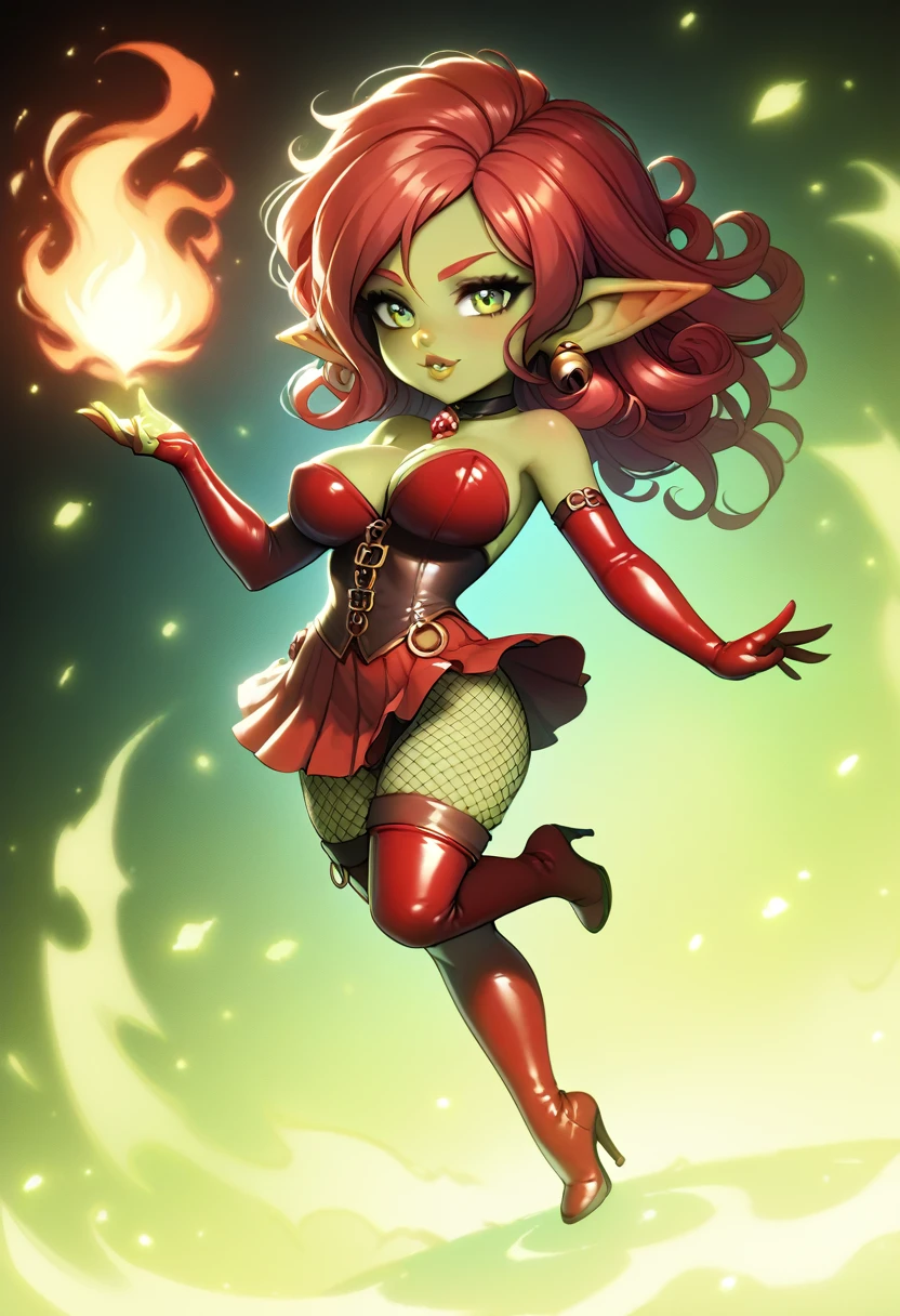 Girl, goblin girl, goblin, green skin, short, short stature,long hair, red hair, curly hair, large breasts, miniskirt, latex, long gloves, thigh boots, pouty lips, masterpiece, best quality, sexy, dynamic pose, 8k, shortstack, sfw, shiny, fantasy, dungeons and dragons, high heels, fishnets, holding, dark green skin, adventurer, latex miniskirt, sexy pose, skirt, sorcerer, sorceress, pyromancer, fire, magic