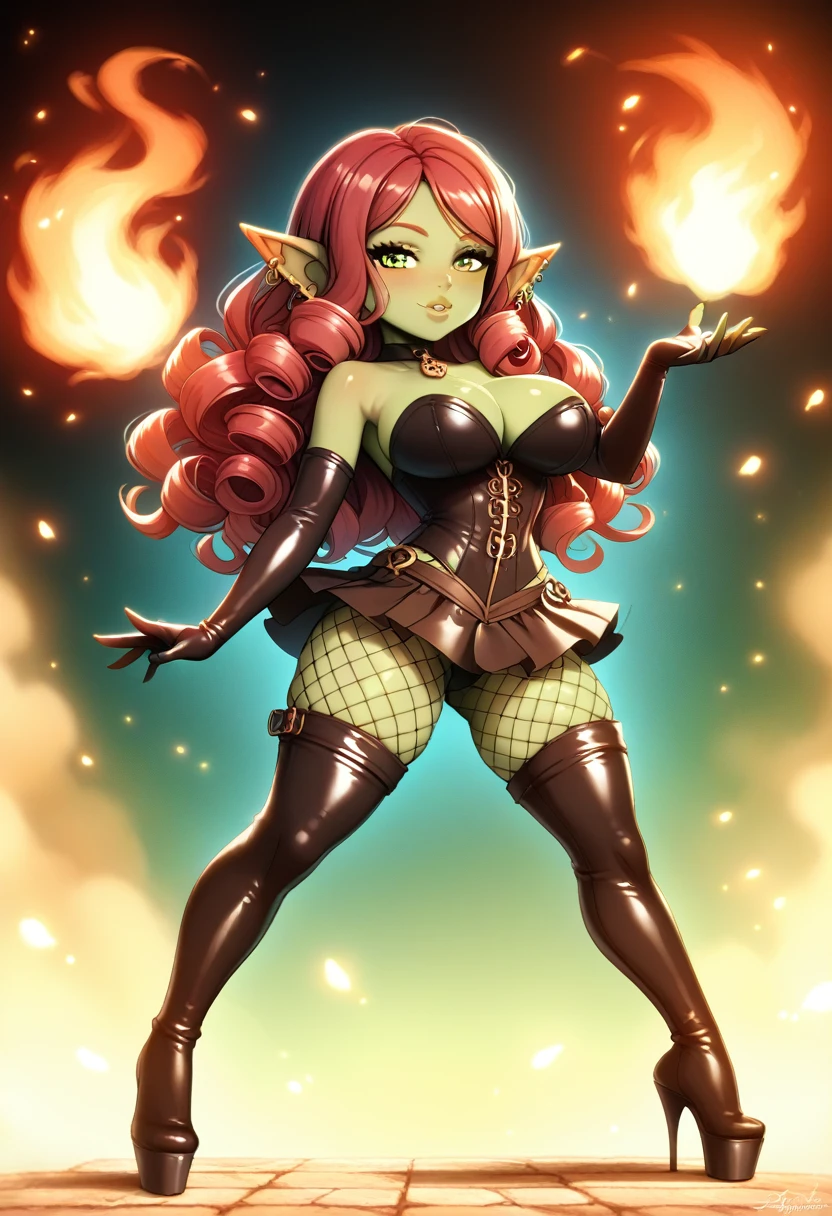 Girl, goblin girl, goblin, green skin, short, short stature,long hair, red hair, curly hair, large breasts, miniskirt, latex, long gloves, thigh boots, pouty lips, masterpiece, best quality, sexy, dynamic pose, 8k, shortstack, sfw, shiny, fantasy, dungeons and dragons, high heels,  fishnets, holding, dark green skin, adventurer, latex miniskirt, sexy pose, skirt, sorcerer, sorceress, pyromancer, fire, magic