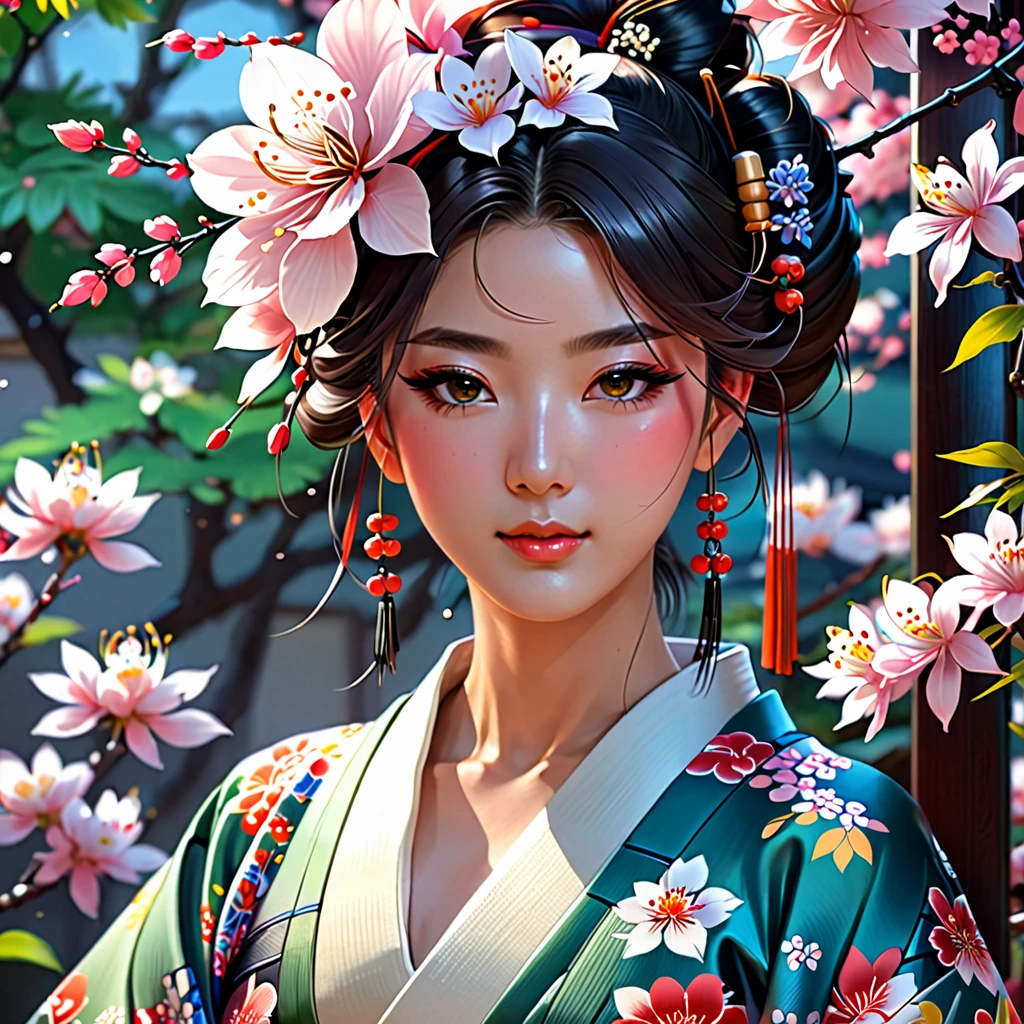 arafed woman in a kimono with flowers on her head, beautiful digital artwork, beautiful digital illustration, beautiful digital painting, gorgeous digital painting, artwork in the style of guweiz, photorealistic anime girl render, smooth anime cg art, beautiful digital art, great digital art with details, stunning digital illustration, detailed digital anime art, render of april, beautiful anime portrait