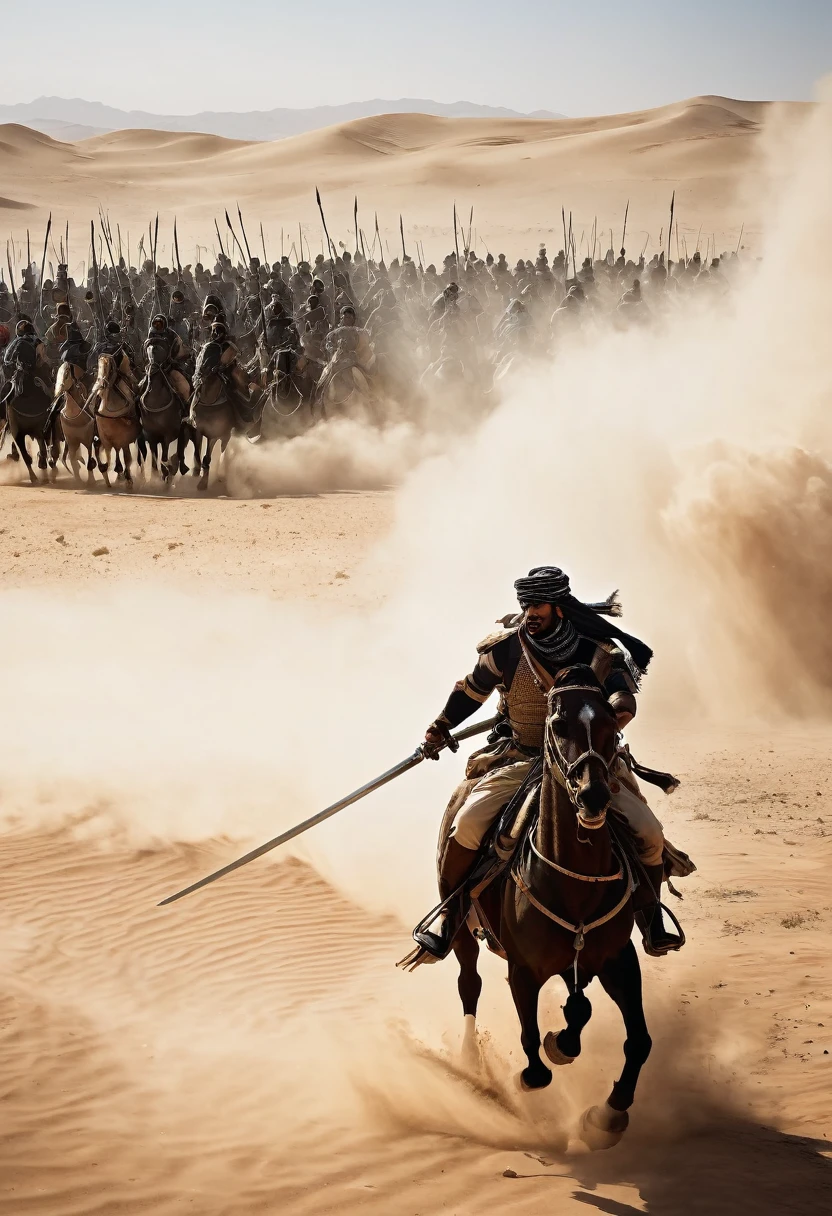 Scene description: Visualize the intense battlefield of the Dahis and al-Ghabra war, a 40-year conflict between the Abas and Dhubyan tribes, sparked by a dispute during a legendary horse race. The desert sands are scattered with tents and battle formations, echoing with the clash of swords and the thunder of horse hooves.
Emotional tone: Capture the desperation and determination of warriors on both sides, fighting for honor and supremacy. Show moments of valor and sacrifice, as leaders rally their troops amidst swirling dust and the harsh desert sun.
Visual style: Use a gritty, realistic art style to depict the rugged terrain and the fierce combatants, adorned in traditional Arabian armor and wielding curved swords. Contrast scenes of fierce battles with quiet moments of strategizing and mourning fallen comrades.