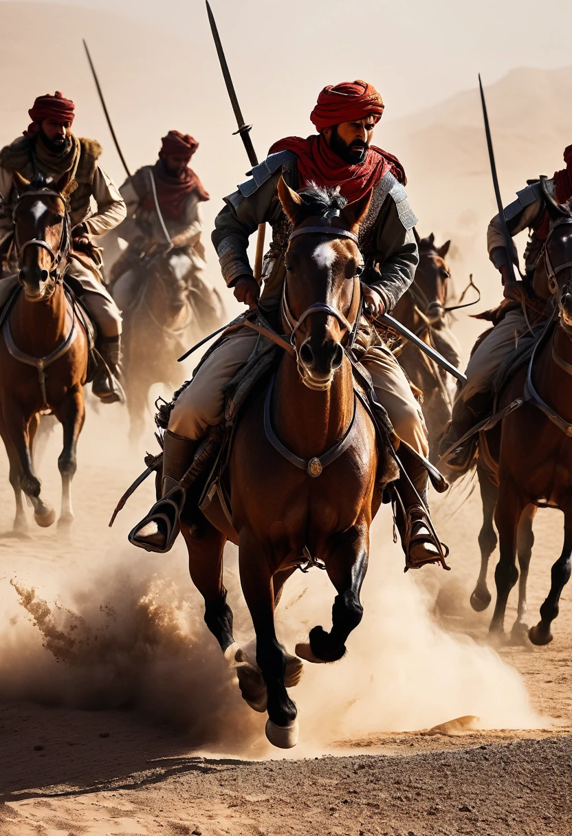 Scene description: Visualize the intense battlefield of the Dahis and al-Ghabra war, a 40-year conflict between the Abas and Dhubyan tribes, sparked by a dispute during a legendary horse race. The desert sands are scattered with tents and battle formations, echoing with the clash of swords and the thunder of horse hooves.
Emotional tone: Capture the desperation and determination of warriors on both sides, fighting for honor and supremacy. Show moments of valor and sacrifice, as leaders rally their troops amidst swirling dust and the harsh desert sun.
Visual style: Use a gritty, realistic art style to depict the rugged terrain and the fierce combatants, adorned in traditional Arabian armor and wielding curved swords. Contrast scenes of fierce battles with quiet moments of strategizing and mourning fallen comrades.