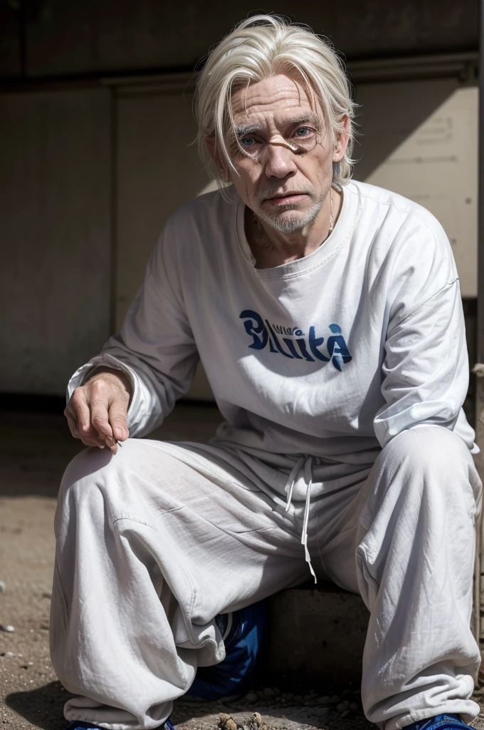 portrait of a beggar man (((white blonde hair))), (((wrinkled face))), seeming to have (((56 years old)))(((blusa azul)))(((black pants))) side and face with dark dirt, Dirty laundry, blue sweatshirt