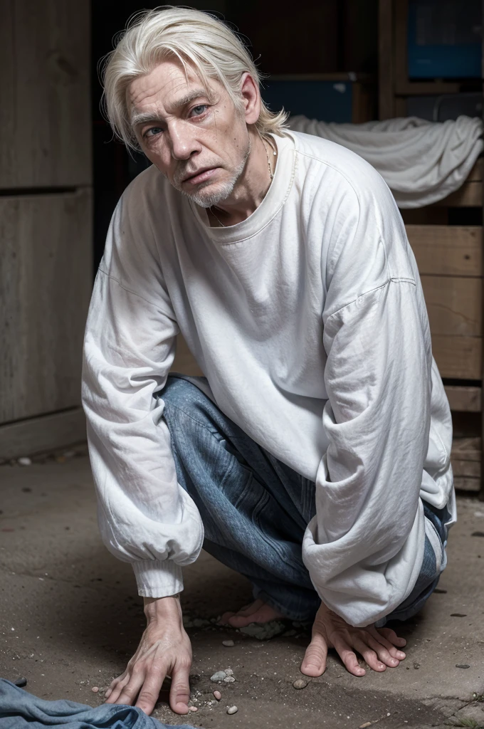 portrait of a beggar man (((white blonde hair))), (((wrinkled face))), seeming to have (((56 years old)))(((blusa azul)))(((black pants))) side and face with dark dirt, Dirty laundry, blue sweatshirt