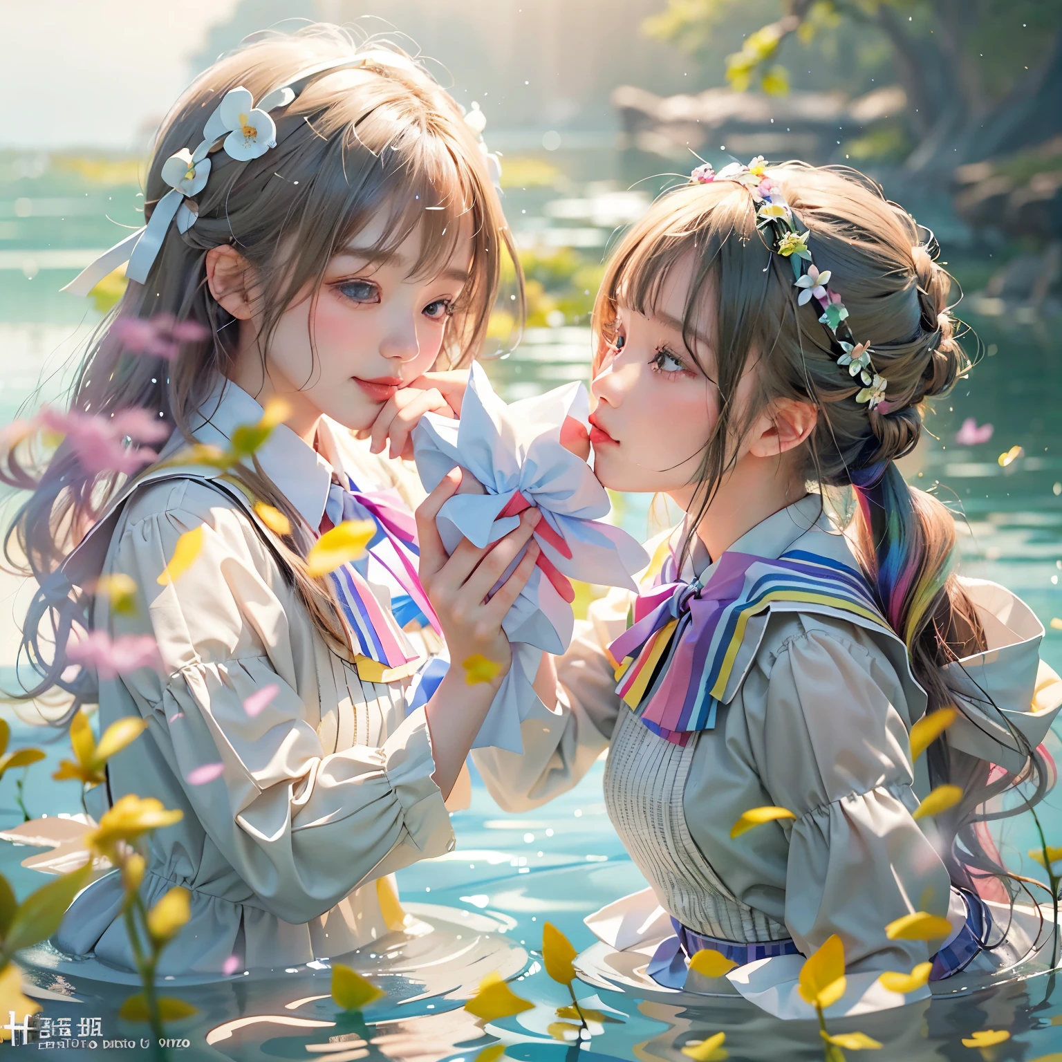 SFW, ((David Hamilton:1.37, White and RainbowColors))、Extremely Detailed (PUNIPUNI Oppai- Twins), Dynamic-angle), {(((Kissing face to face:1.37) Against the Nipples to Nipples Pressing hard))| ZoomedOut }、{(Floating hair with Strong wind)|French Braid|bun}, (8K best quality Masterpiece:1.2)((Photo-realistic:1.37)), { kodachrome | realistic | photorealistic | RAW } BREAK (((Detailed KAWAII Face variations))), Detailed Radiant PearlSkin, Smooth shading, (((SoftFocus, BokeH))), Soft Lighting, ((school uniform)), {Flowers|Flower wreath|smile|Joyful|Pleasuring|Different types of hair colors}、{(Light Particles:1.2)|(Lens Flare)|(Luminescent Particles:0.6)}、{(((Just a heads above the Lake))) |Sparkling Lake surface|Splashing water|Before dawn|magic hour|morning glow|foggy|Haze|(Dazzling Colored Horizon)}、{(((HiddenHand)))|((Corrected BabyLike Hand))} . PICHIPICHI