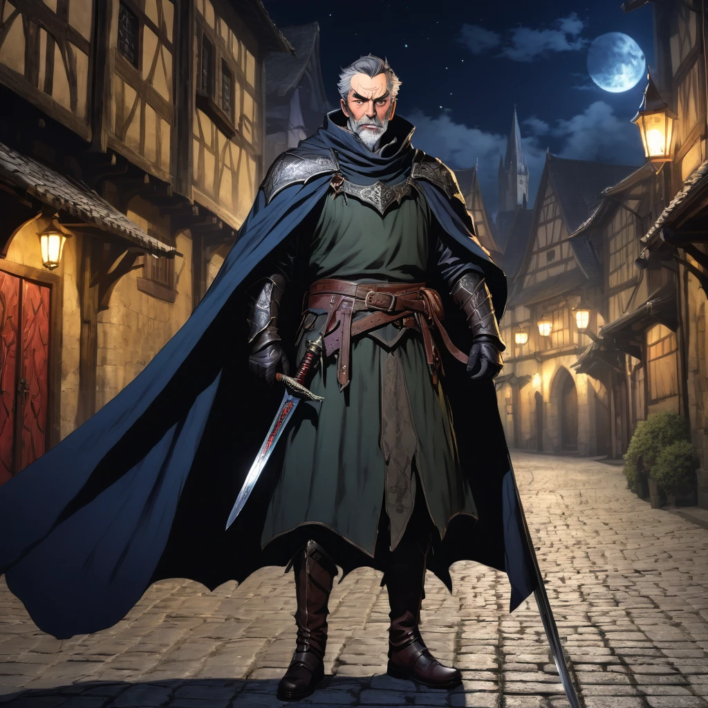 A mature and stable middle-aged man,His profession is a demon hunter.,Wearing a cape,Holding a sword,There are some scars on the face,Walking in the streets of medieval Europe,Night view。Mid-ground composition,Full body pictures,Colored screen,Anime illustration style,HD,4K。