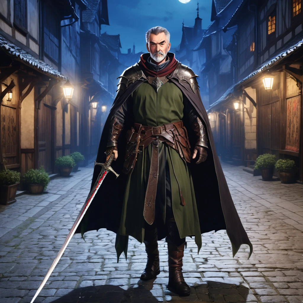 A mature and stable middle-aged man,His profession is a demon hunter.,Wearing a cape,Holding a sword,There are some scars on the face,Walking in the streets of medieval Europe,Night view。Mid-ground composition,Full body pictures,Colored screen,Anime illustration style,HD,4K。