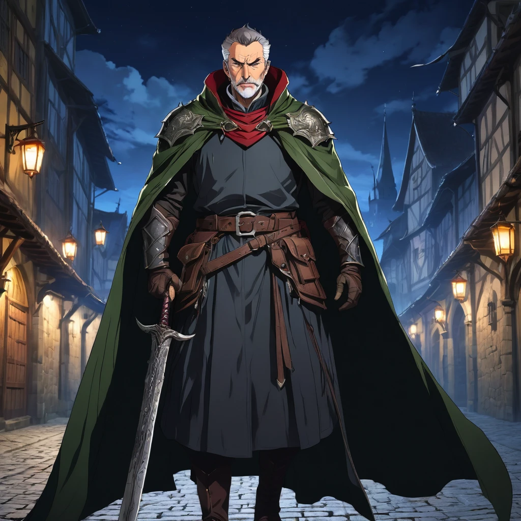 A mature and stable middle-aged man，His profession is a demon hunter.，Wearing a cape，Holding a sword，There are some scars on the face，Walking in the streets of medieval Europe，Night view。Mid-ground composition，Full body pictures，Colored screen，Anime illustration style，HD，4K。