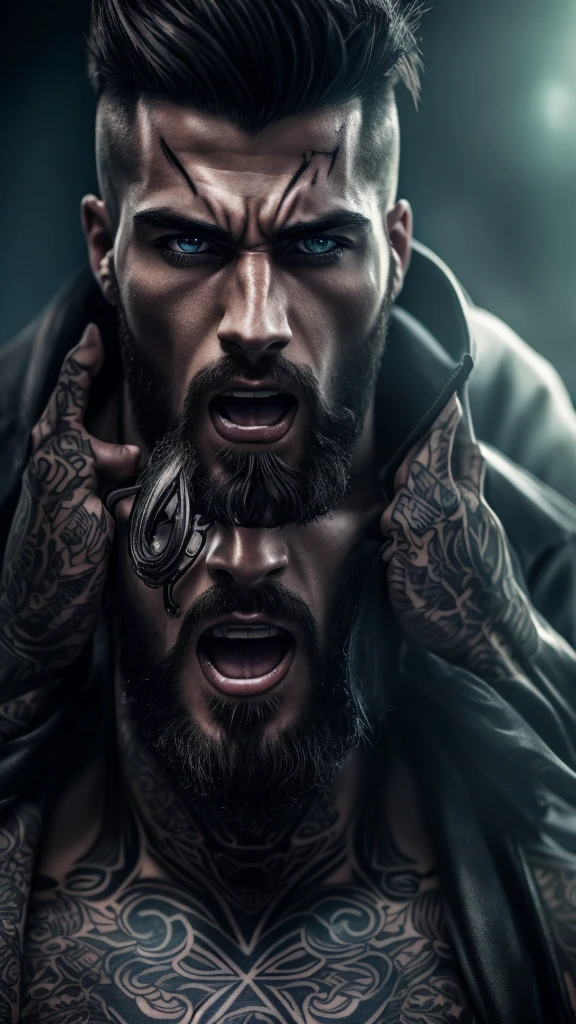 a handsome anime guy with detailed tattoos on his body,sticking his tongue out,highly detailed face,beautiful eyes,sharp facial features,aggressive expression,muscular body,dynamic pose,vibrant colors,digital art,cinematic lighting,epic fantasy,dark atmosphere,gritty texture,dramatic contrast