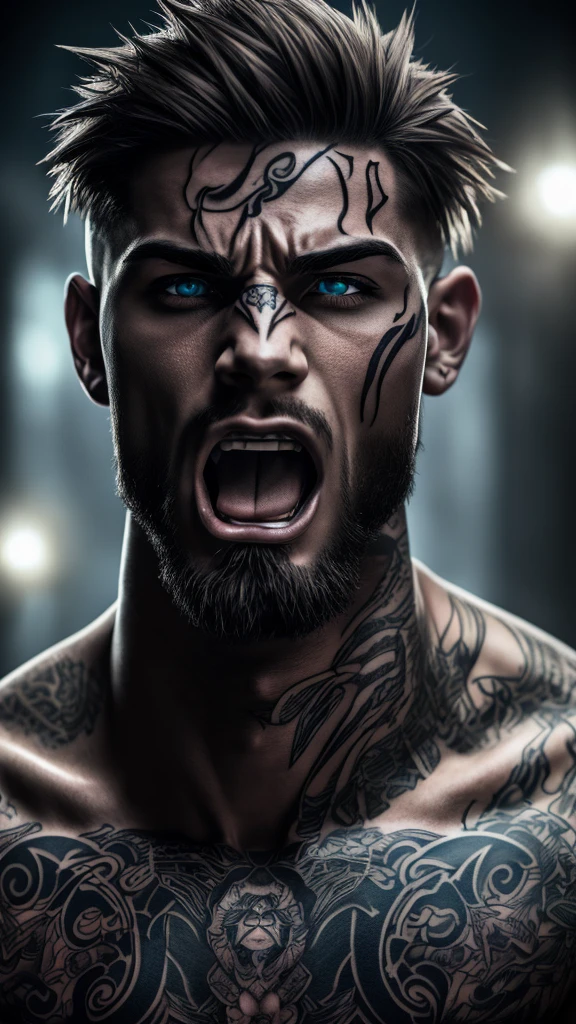 a handsome anime guy with detailed tattoos on his body,sticking his tongue out,highly detailed face,beautiful eyes,sharp facial features,aggressive expression,muscular body,dynamic pose,vibrant colors,digital art,cinematic lighting,epic fantasy,dark atmosphere,gritty texture,dramatic contrast