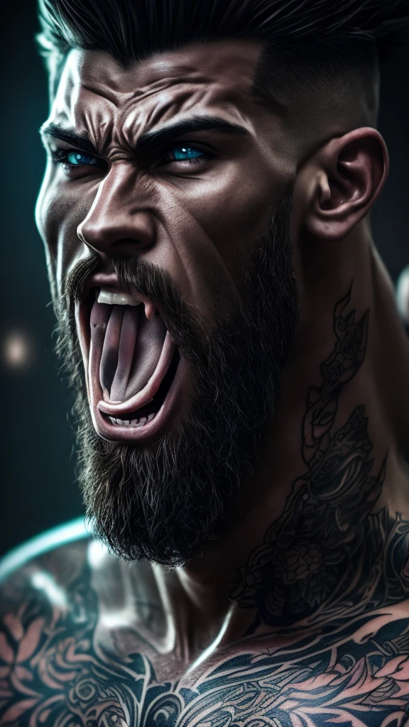 a handsome anime guy with detailed tattoos on his body,sticking his tongue out,highly detailed face,beautiful eyes,sharp facial features,aggressive expression,muscular body,dynamic pose,vibrant colors,digital art,cinematic lighting,epic fantasy,dark atmosphere,gritty texture,dramatic contrast
