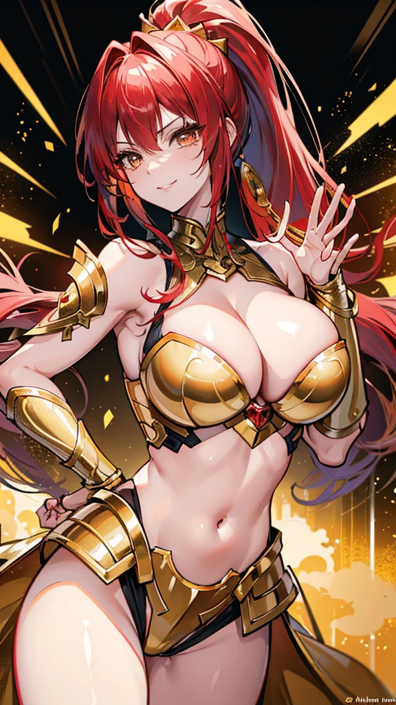 Gold Armor, 4K image, assembly, best quality, masterpiece, movie lighting ,Sexy,Large Breasts,Cleavage,action,In battle,Cleavage,Smile,noble,light beam from hand,Golden lightning surrounds,Red hair,Ponytail hairstyle,Saint Seiya Leo Aiolia,Blink,Lipstick,High purchase price