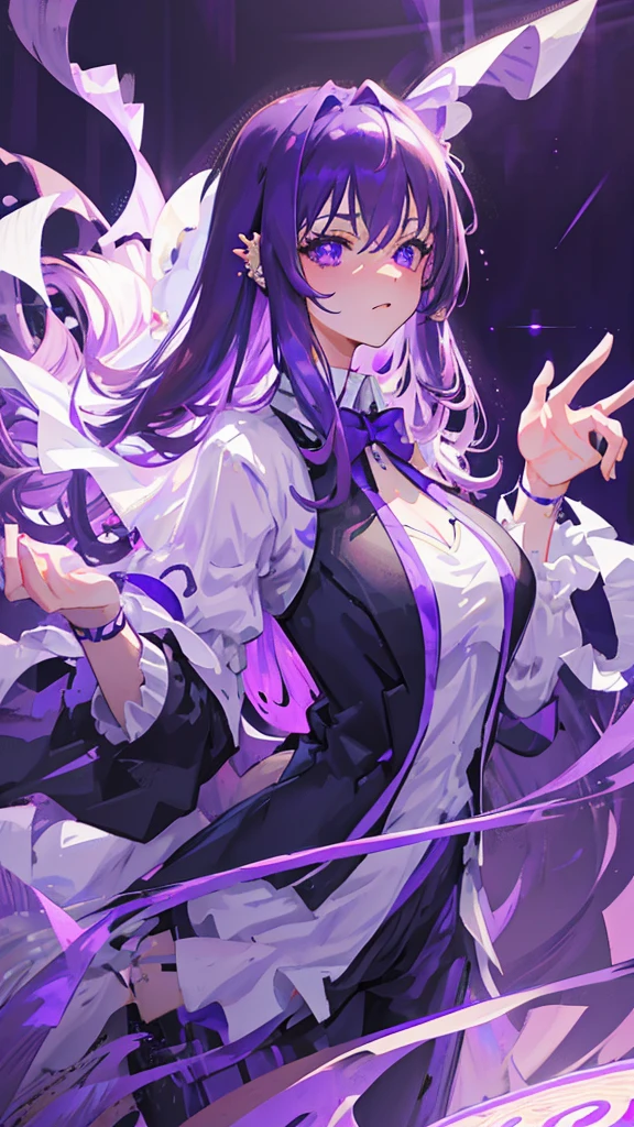 detailed hyper-realistic 1girl, ethereal purple goddess, flowing purple hair, piercing purple eyes, elaborate purple dress, purple magic aura, glowing purple energy, intricate purple markings, otherworldly purple landscape, dramatic purple lighting, photorealistic, 8k, best quality, cinematic, award winning digital art