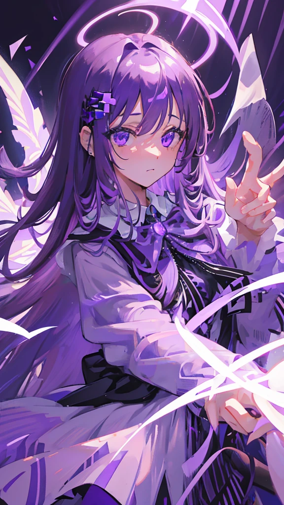 detailed hyper-realistic 1girl, ethereal purple goddess, flowing purple hair, piercing purple eyes, elaborate purple dress, purple magic aura, glowing purple energy, intricate purple markings, otherworldly purple landscape, dramatic purple lighting, photorealistic, 8k, best quality, cinematic, award winning digital art