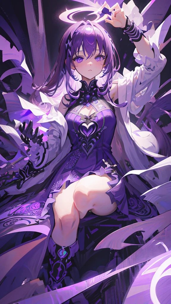 detailed hyper-realistic 1girl, ethereal purple goddess, flowing purple hair, piercing purple eyes, elaborate purple dress, purple magic aura, glowing purple energy, intricate purple markings, otherworldly purple landscape, dramatic purple lighting, photorealistic, 8k, best quality, cinematic, award winning digital art