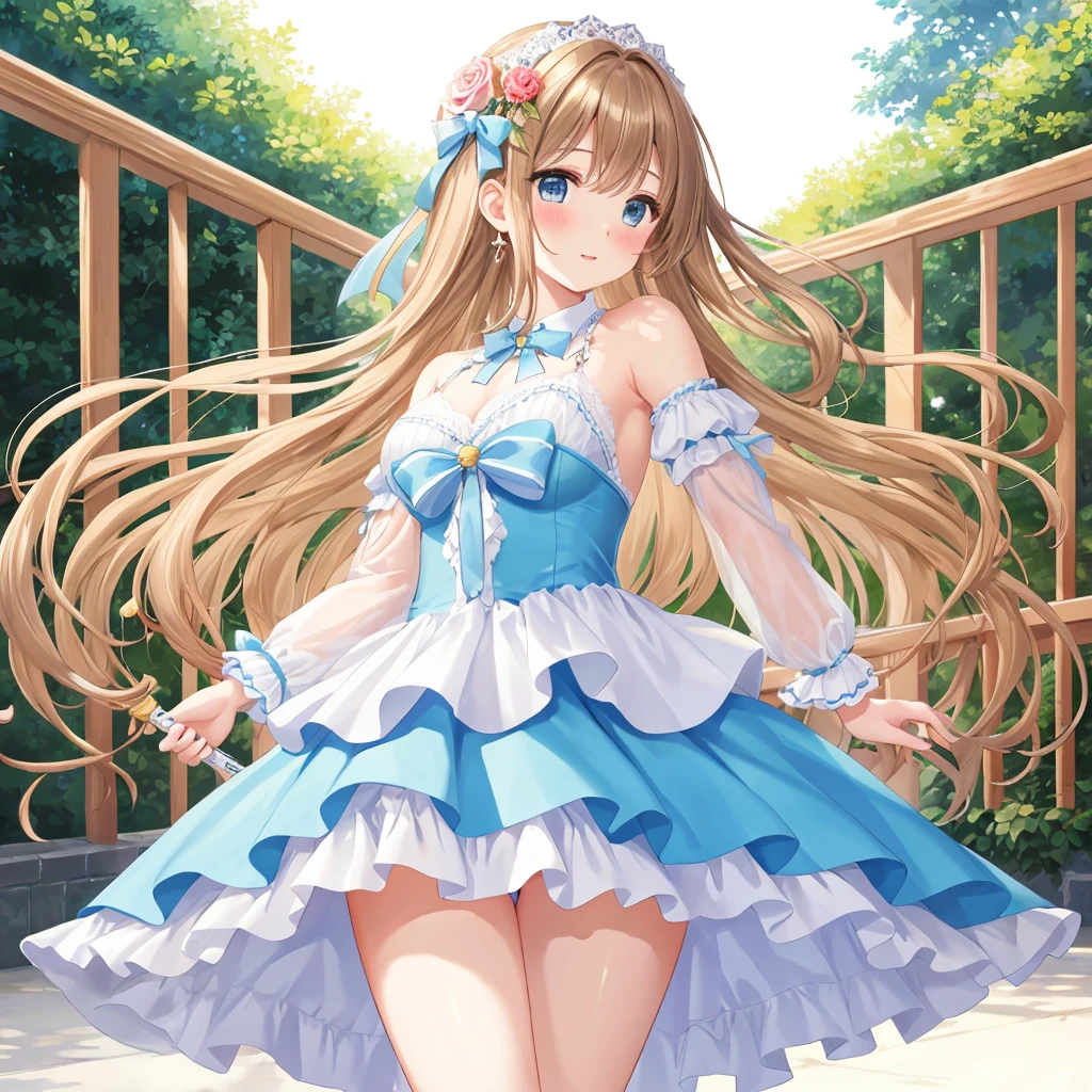 Top-quality, high resolution, natural lighting, masterpiece, highly detailed, illustration, game CG, (Figure skating light blue dress costume woman), Slender Line, Looks like a model, Skating Ring, Photo 1 seen from below:1, white panties, Kinomoto Sakura, (18 year old girl), medium breasts, beautiful detailed eyes, glossy lips, natural lighting, long hair, light brown hair, floral head ornament, blue eyes, blush, she is happy, detailed body