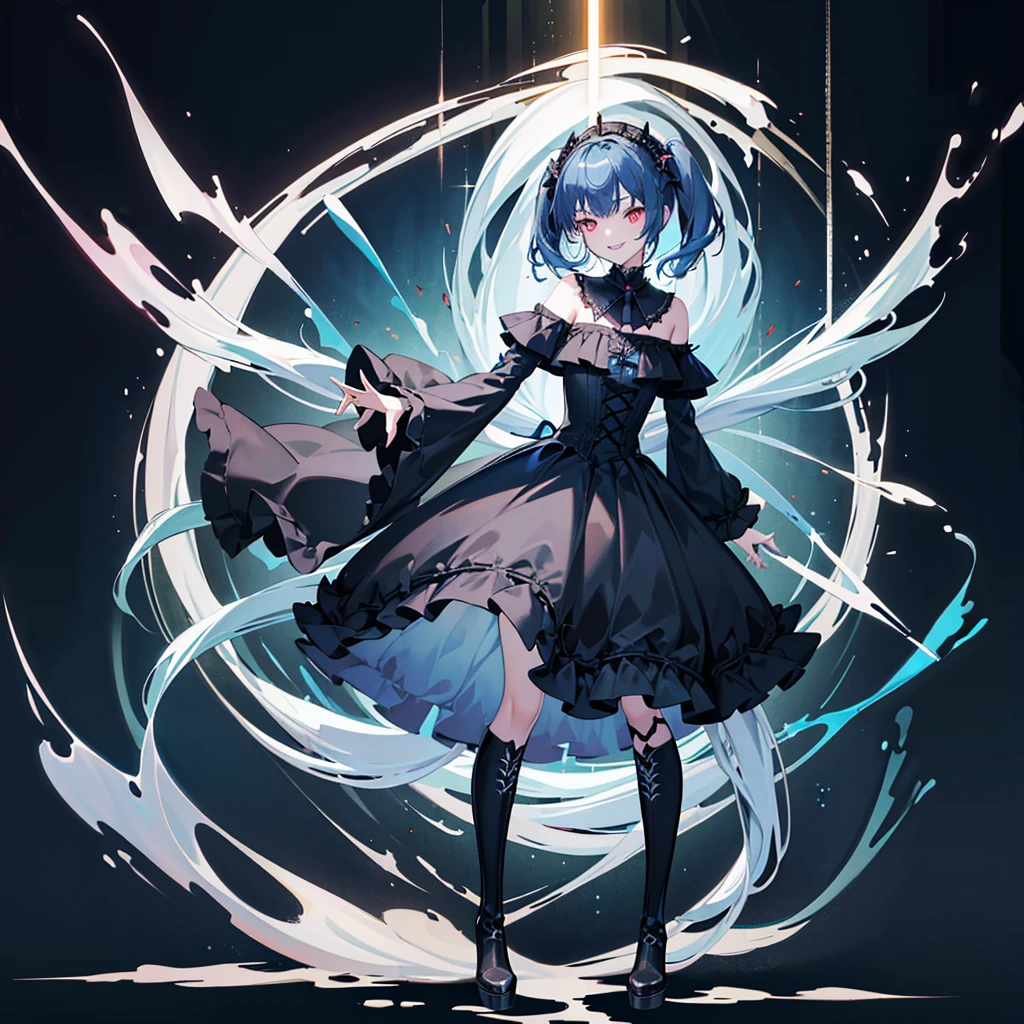 [(white background:1.4)::5],original,(illustration:1.1),(best quality),(masterpiece:1.1),(extremely detailed CG unity 8k wallpaper:1.1), (colorful:0.9),(mid shot:0.95),(full body:1.5),Dynamic angle,(solo:1.2), (girl),((adult)), (detailed beautiful eyes:1.15), (beautiful face:1.15), (glowing red eyes:1.25////),((dark blue long hair)),(blunt bangs),(low twintails),(+perfect hand+:1.21),(Draw an illustration of a gothic girl),(Religious),(slender),(is wearing boots on her feet),((is wearing black dress)),(furious), Lace Off-shoulder lolita fashion,beautiful slender woman,((evil smile)),dark blue short hair,dark blue short hair,laugh,
