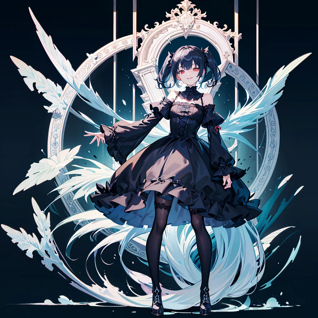[(white background:1.4)::5],original,(illustration:1.1),(best quality),(masterpiece:1.1),(extremely detailed CG unity 8k wallpaper:1.1), (colorful:0.9),(mid shot:0.95),(full body:1.5),Dynamic angle,(solo:1.2), (girl),((adult)), (detailed beautiful eyes:1.15), (beautiful face:1.15), (glowing red eyes:1.25////),((dark blue long hair)),(blunt bangs),(low twintails),(+perfect hand+:1.21),(Draw an illustration of a gothic girl),(Religious),(slender),(is wearing boots on her feet),((is wearing black dress)),(furious), Lace Off-shoulder ta fashion,beautiful slender woman,((evil smile)),dark blue short hair,dark blue short hair,laugh,