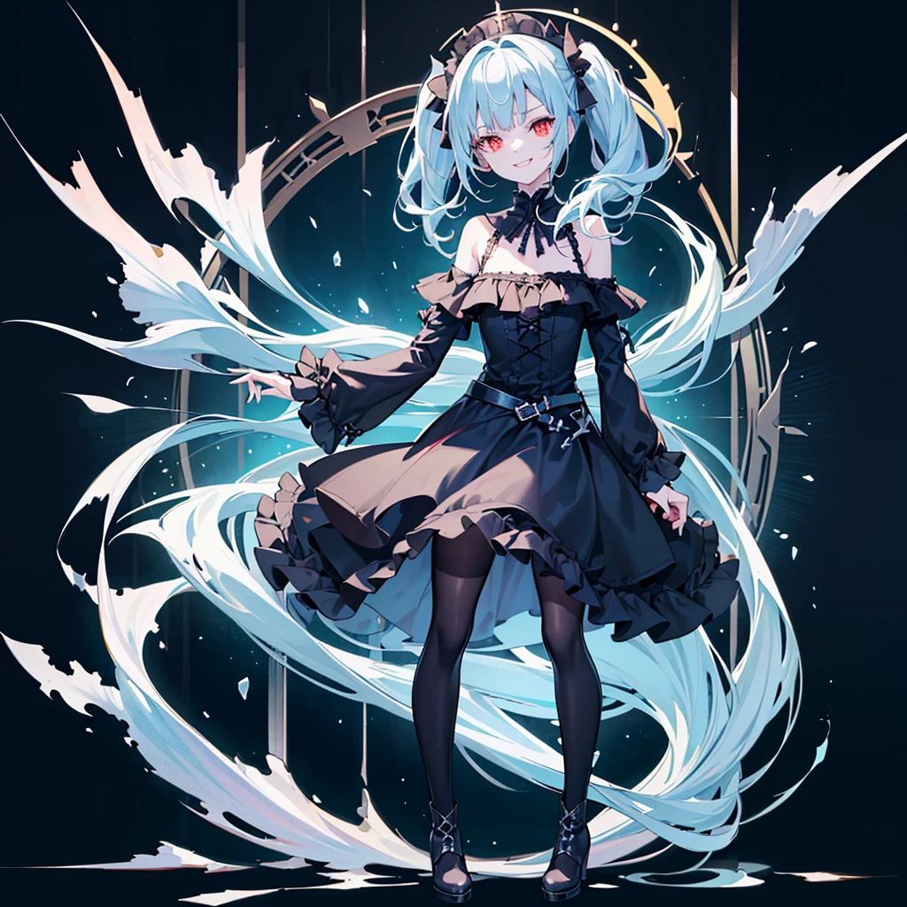 [(white background:1.4)::5],original,(illustration:1.1),(best quality),(masterpiece:1.1),(extremely detailed CG unity 8k wallpaper:1.1), (colorful:0.9),(mid shot:0.95),(full body:1.5),Dynamic angle,(solo:1.2), (girl),((adult)), (detailed beautiful eyes:1.15), (beautiful face:1.15), (glowing red eyes:1.25////),((dark blue long hair)),(blunt bangs),(low twintails),(+perfect hand+:1.21),(Draw an illustration of a gothic girl),(Religious),(slender),(is wearing boots on her feet),((is wearing black dress)),(furious), Lace Off-shoulder lolita fashion,beautiful slender woman,((evil smile)),dark blue short hair,dark blue short hair,laugh,