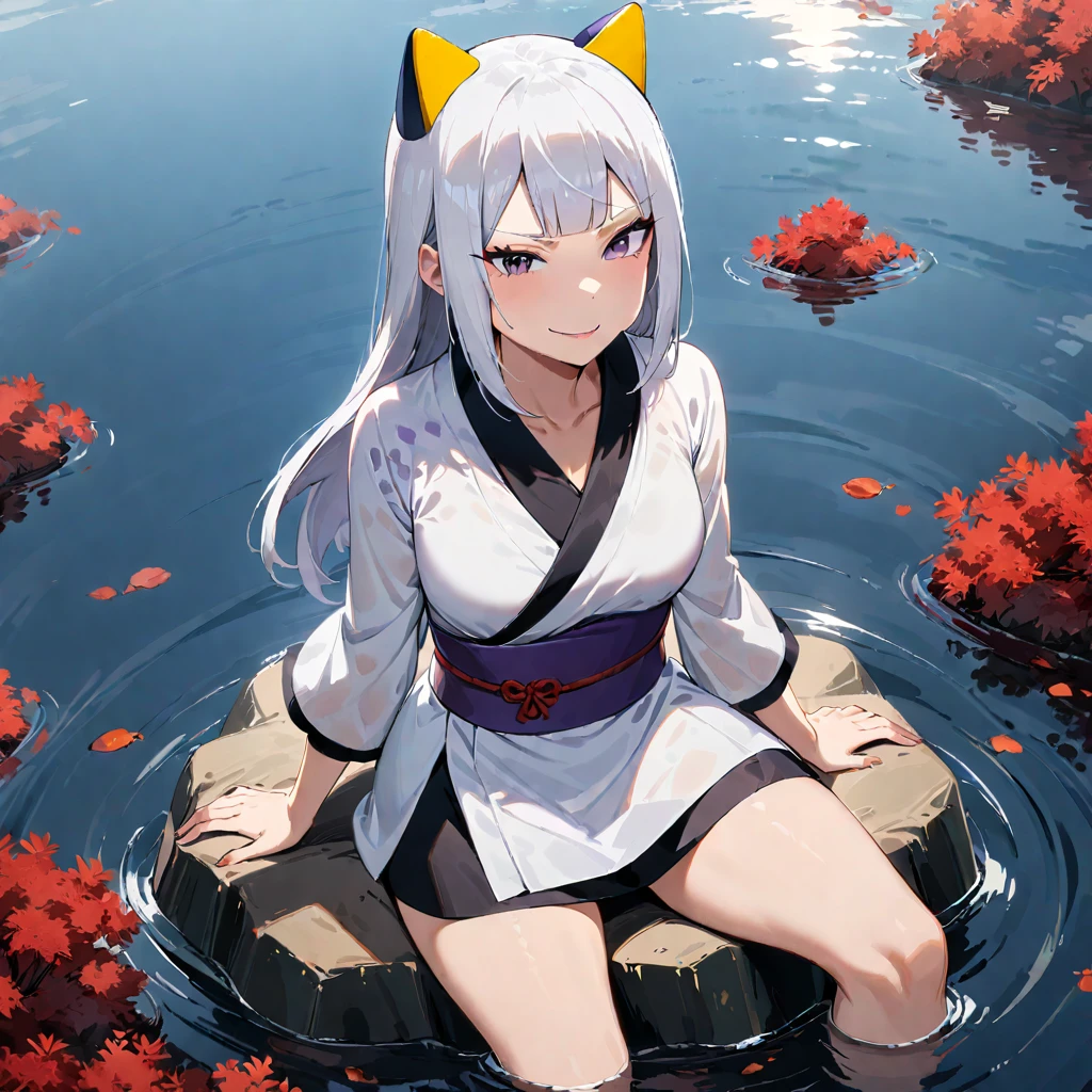 1girl, kaguya otsutsuki, from naruto series, sitting on rock, smirk face, white hair, purple eyes, wearing white kimono, with black and red cloud pattern, in the middle of the lake, masterpiece, best quality, very aesthetic, absurdres, ((medium quality)), ((medium quality))