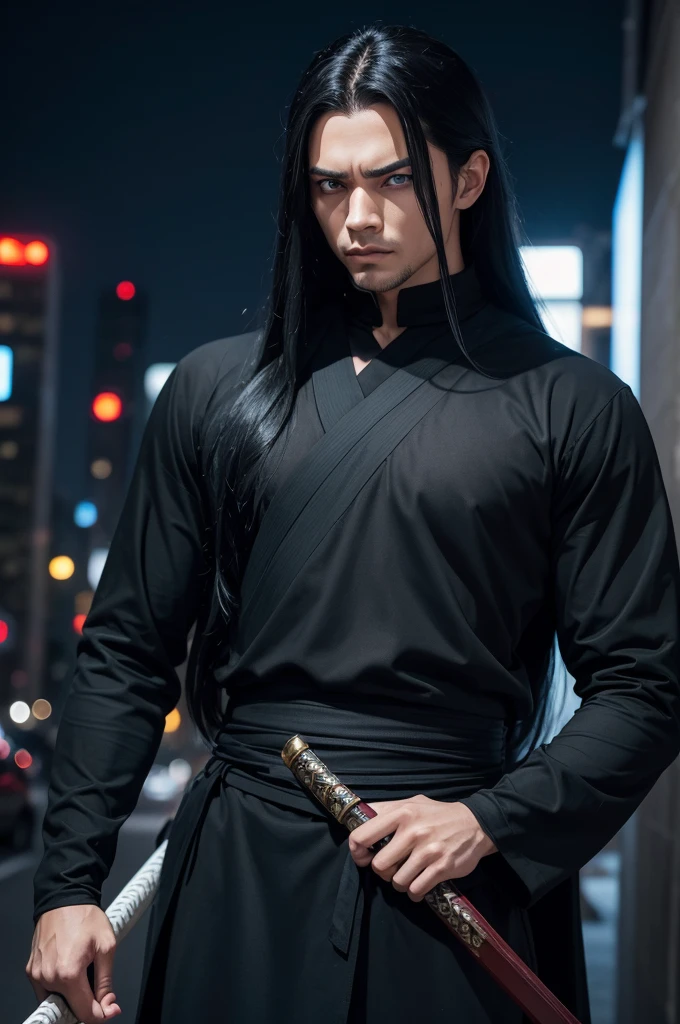 A light-skinned man, long black hair tied, blue colored eyes, usando um terno preto, bands on the right hand, a black cloth that covers one of his eyes and wielding a katana and in a city at night. anime styling.