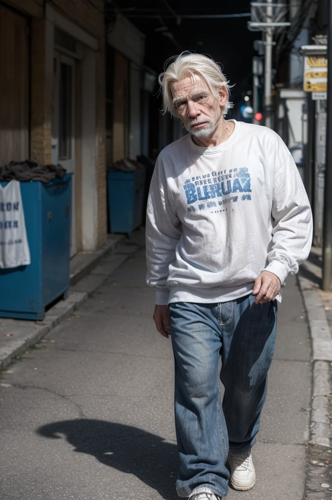 portrait of a beggar man (((white blonde hair))), (((wrinkled face))), seeming to have (((56 years old)))(((blusa azul)))(((black pants))) side and face with dark dirt, Dirty laundry, blue sweatshirt. Walking down the street and counting coins