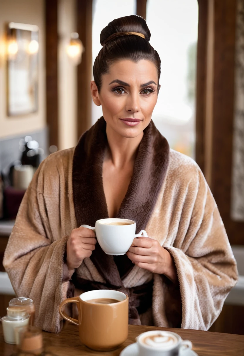 bearded lady shaggy, brown eyes, wet brown hair slicked back, big nose, in dressing gown serves coffee