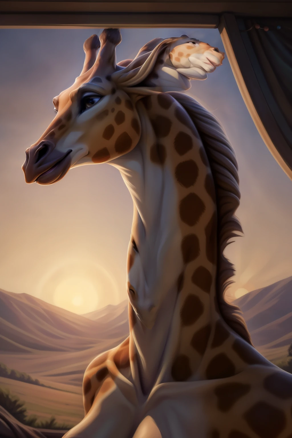 (Ultra detailed), a captivating full-size portrait of a sensualized giraffe anthro, showcasing a female reproductive organ theme. The giraffe's graceful neck is elongated, adorned with delicate spots, and curves beautifully to reveal a feminine waist. Her femininity is further emphasized by her tenderly grazing hoof, framing the main focus. The background is a serene savannah under the soft glow of a setting sun, captured in high-definition with cenematic lighting. The giraffe's eyes, filled with a gentle, yet knowing gaze, are detailed to a stunning level, drawing the viewer in. This art piece, trend